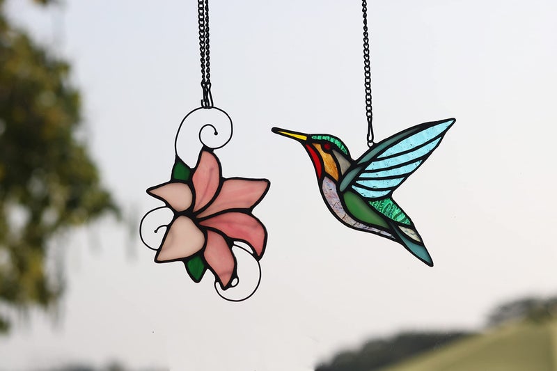 HAOSUM الزجاج الملون الطيور نافذة الشنق الزجاج الملون زينة الطيور الطنانة الطيور suncatcher لتزيين النوافذ هدايا الطيور الطنانة لمحبي الطيور أمي - Image 3
